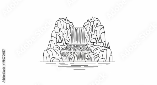 A majestic tiered waterfall cascades down rocky cliffs amidst sparse trees into a calm body of water