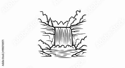 Stylized line art of a waterfall cascading into a pool, surrounded by trees