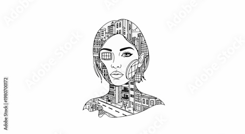 Woman's head and shoulders are an intricate cityscape, with buildings and roads