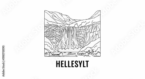 Black and white illustration of a majestic waterfall cascading into a village