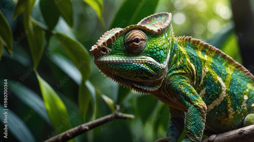 Fototapeta premium Colorful chameleon perched on a branch amidst lush green foliage, showcasing its vibrant scales