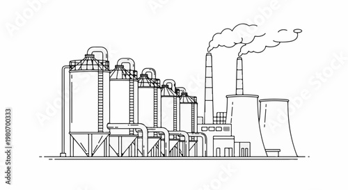 A line drawing of an industrial factory with silos and smoking chimneys
