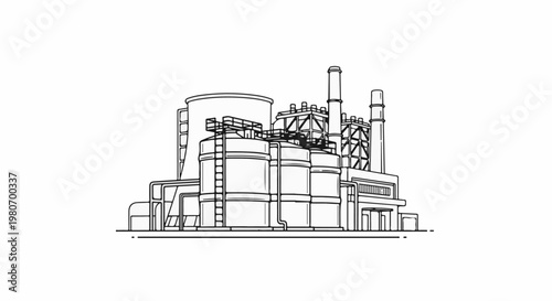 Industrial complex with cooling tower, stacks, and storage tanks