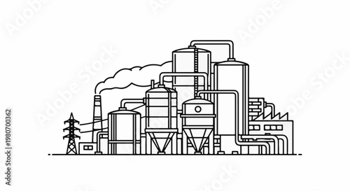 Industrial plant with smoke stacks, tanks, and power lines