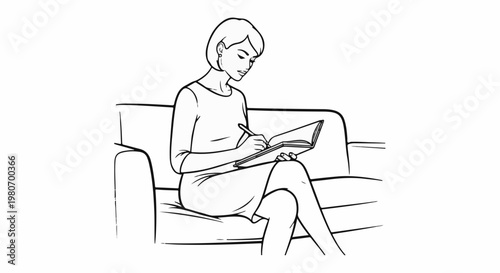 Woman in dress sitting on couch writing in a notebook