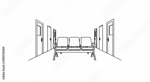 Hallway with row of doors and bench