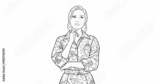 Woman in floral print outfit, hand on chin, looking upward thoughtfully