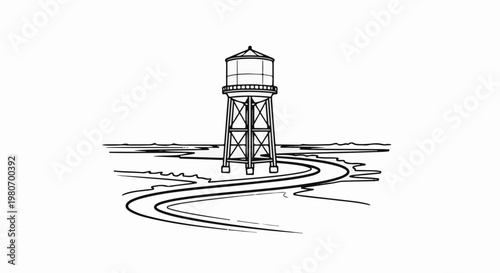 Minimalist line drawing of a water tower above a winding river