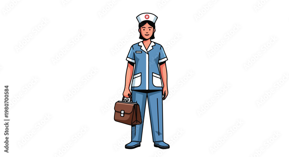 Fototapeta premium Female nurse in uniform holding a medical bag and a clipboard standing confidently in a healthcare setting