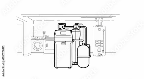 A line drawing of a laundry room with appliances and a water treatment system