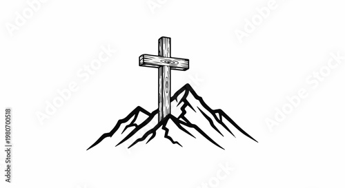 Wooden cross atop jagged mountain peaks, black line art on white