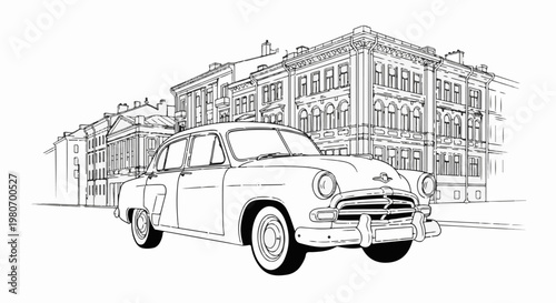 Stylized line drawing of a vintage car parked on a street with buildings