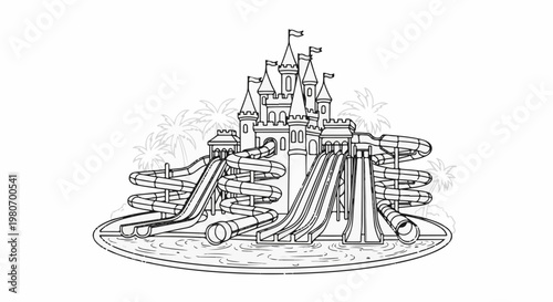 Fantastical castle with multiple water slides and palm trees in background