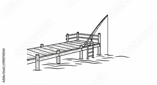 Wooden dock with railings, ladder, and fishing rod over wavy water