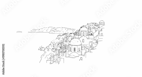 White line drawing of a coastal village with domed buildings and distant hills