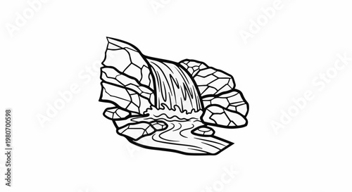 Stylized line art of a cascading waterfall over jagged rocks into a stream