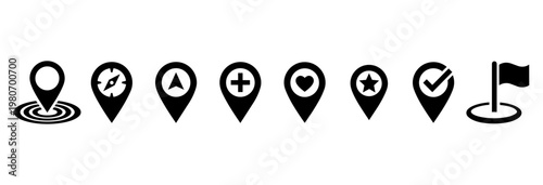 Collection of black map pin icons for location, navigation, and destination markers