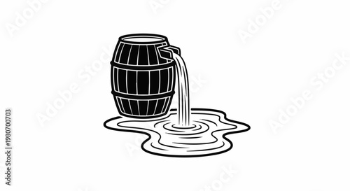 Wooden barrel with liquid pouring out and spreading on floor