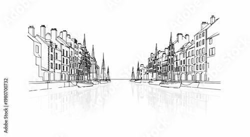 Line art of old European canal with sailboats and reflections
