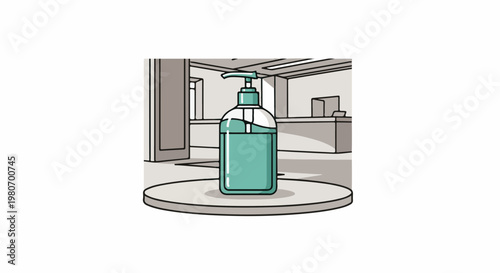 A pump bottle of clear liquid sits on a circular platform in an indoor setting