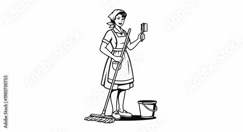 Woman in vintage attire with cleaning tools, ready to mop