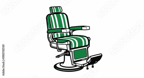 Vintage barber chair with green and white striped upholstery