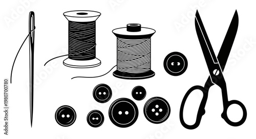 Sewing tools and accessories closeup.