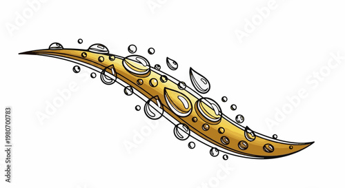Golden, curved object with water droplets and bubbles