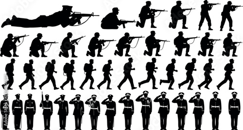 Comprehensive military soldier silhouettes vector collection featuring infantry troops in various combat, running, and formal saluting poses on white background.