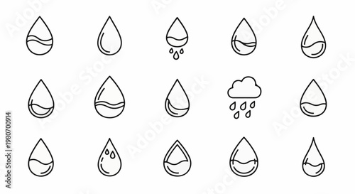 Stylized outline icons depict water droplets in various forms