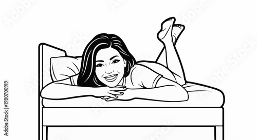 Woman lying on bed, resting chin on hands, smiling, feet up