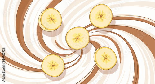 Sliced bananas float on a swirling background of cream and chocolate