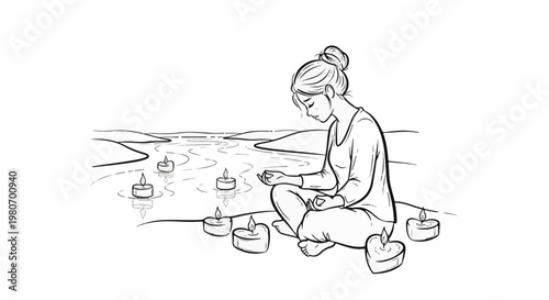 Woman meditates by water with floating and surrounding candles