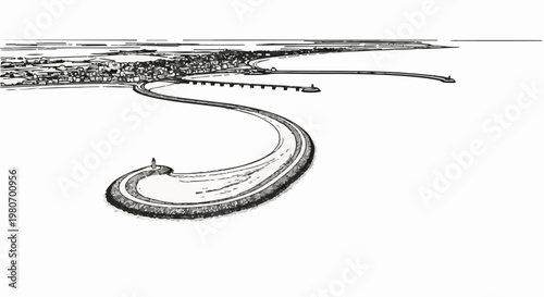 Coastal town with curved harbor entrance and distant pier