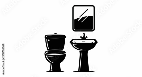Black silhouette of a toilet, sink, and mirror in a bathroom