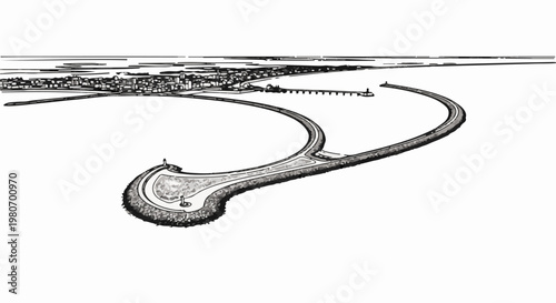 Coastal town with curved harbor breakwaters and a pier extending into the sea