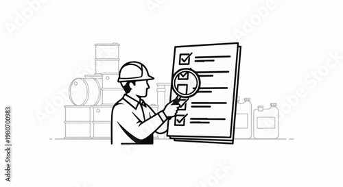 Worker in hard hat inspects checklist with magnifying glass