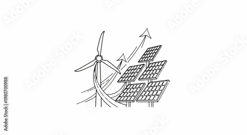 Wind turbine and solar panels with upward arrows indicating growth