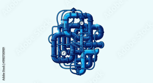 Intricate blue pipes and gauges form a complex, industrial network design