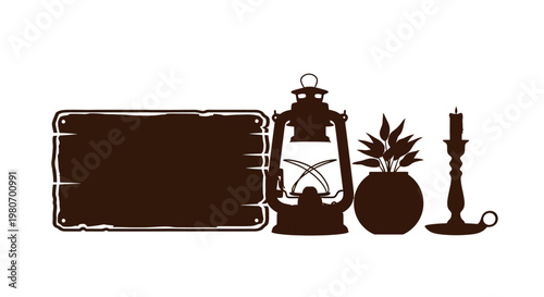 Silhouette of vintage lantern and objects.