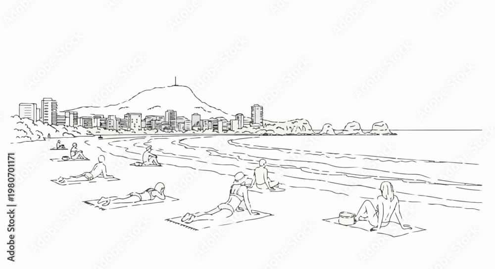 Fototapeta premium City skyline overlooks people doing yoga on a beach with ocean waves
