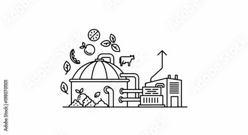 Illustration of a biodigester processing agricultural waste and producing energy