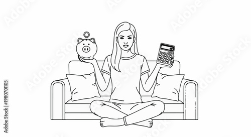 Woman on couch with piggy bank and calculator