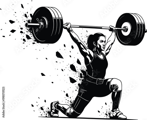 Strong female athlete weightlifting barbell over head, black and white vector illustration, power lifting gym training, fitness shattered explosion effect,
