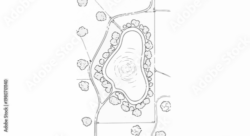 Sketch of a park with a pond, trees, and walking paths