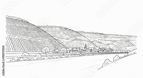 A village nestles beside a winding river at the foot of terraced vineyards