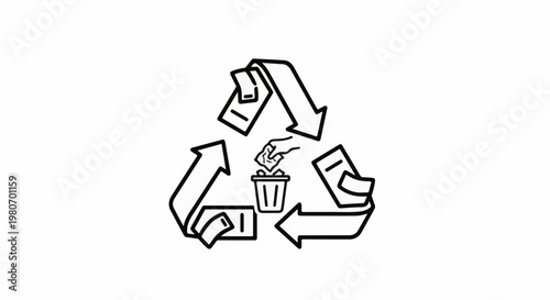 A hand throws trash into a bin within a recycling symbol