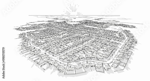 Aerial sketch of a sunburst over a dense residential neighborhood