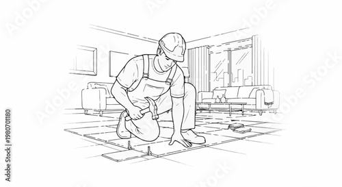 Worker installing flooring in a modern living room