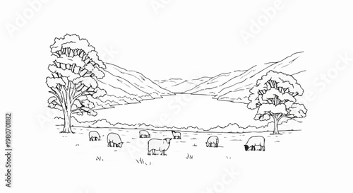 Sketch of sheep grazing in a field by a lake between hills